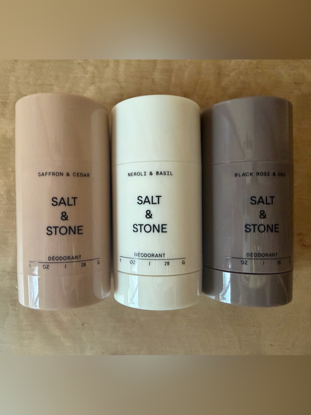 Salt & Stone Deodorant Trio - Saffron & Cedar, Neroli & Basil, Black Rose & Oud